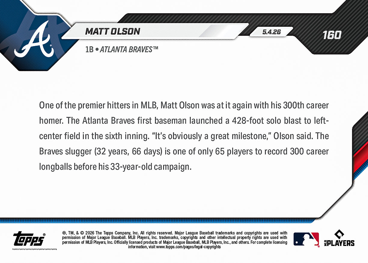 Matt Olson - 2026 MLB Topps NOW - Card 160 - PR: 1232 - Image 2