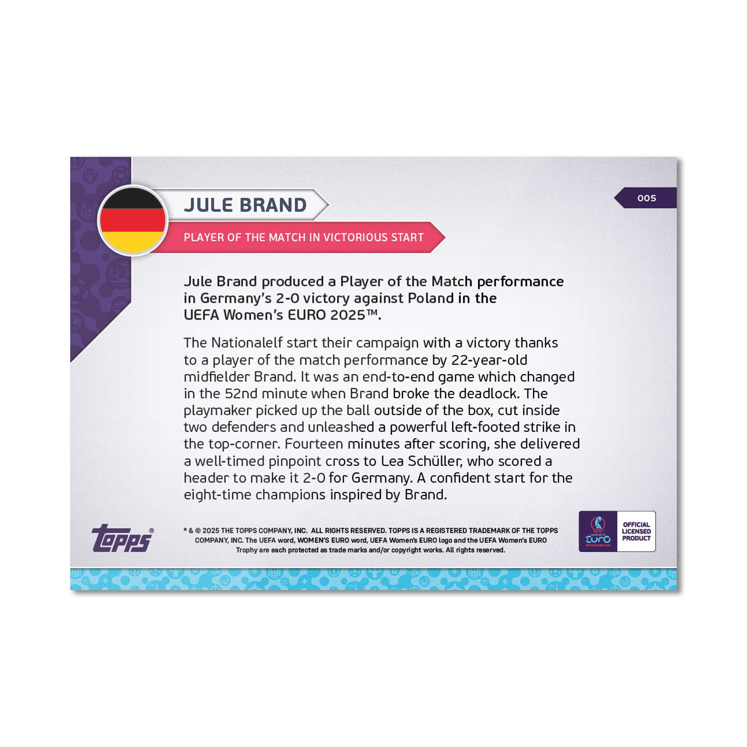 Jule Brand - UEFA Women’s EURO 2025™ Topps NOW - Card 5 - PR: 278 - Image 7