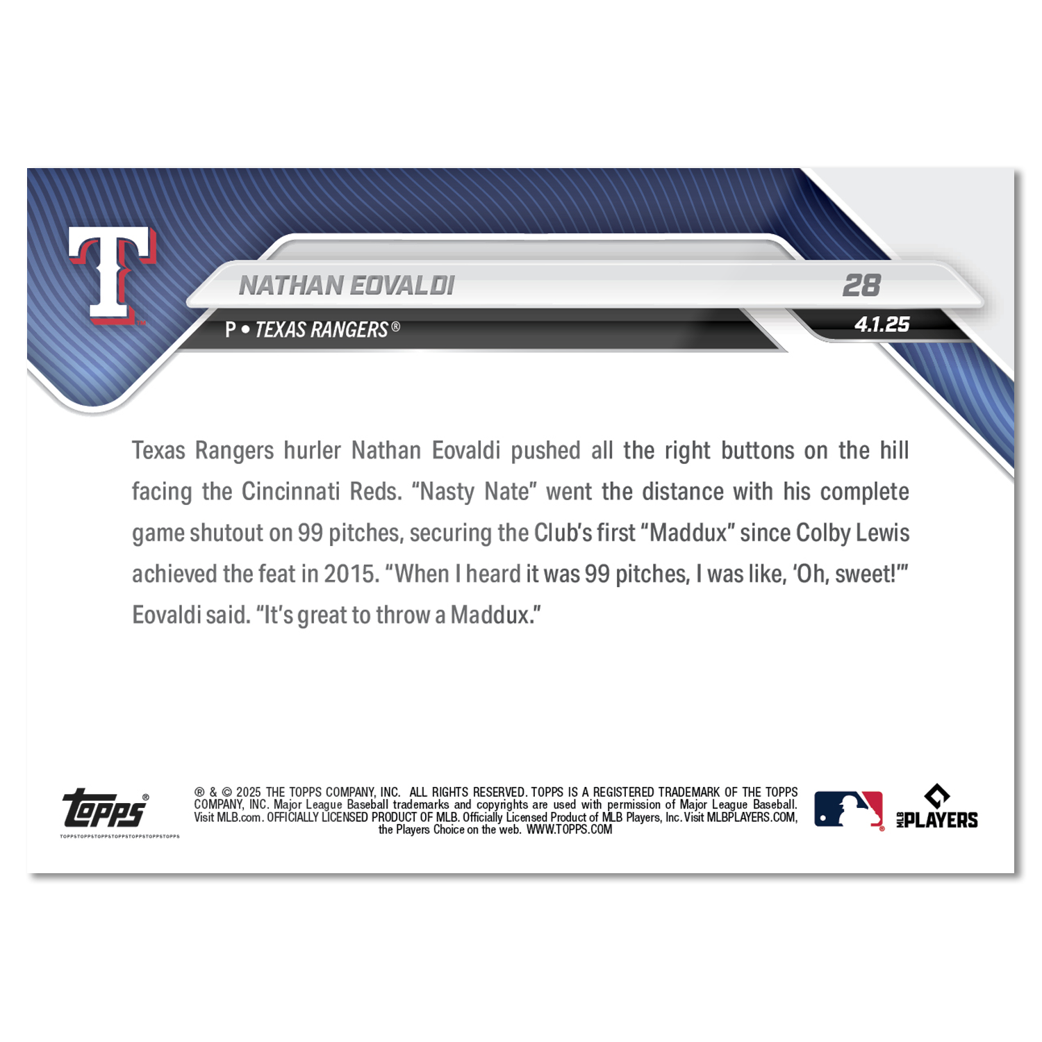 Nathan Eovaldi - 2025 MLB Topps NOW - Card 28 - PR: 564 - Image 2