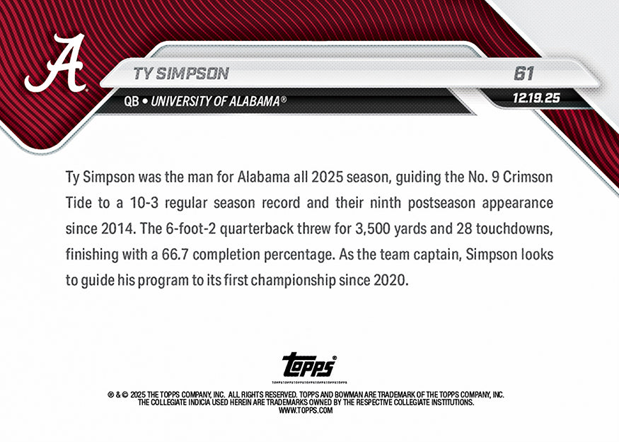Ty Simpson - 2025-26 Bowman U NOW Football - Card 61 - PR: 695 - Image 3