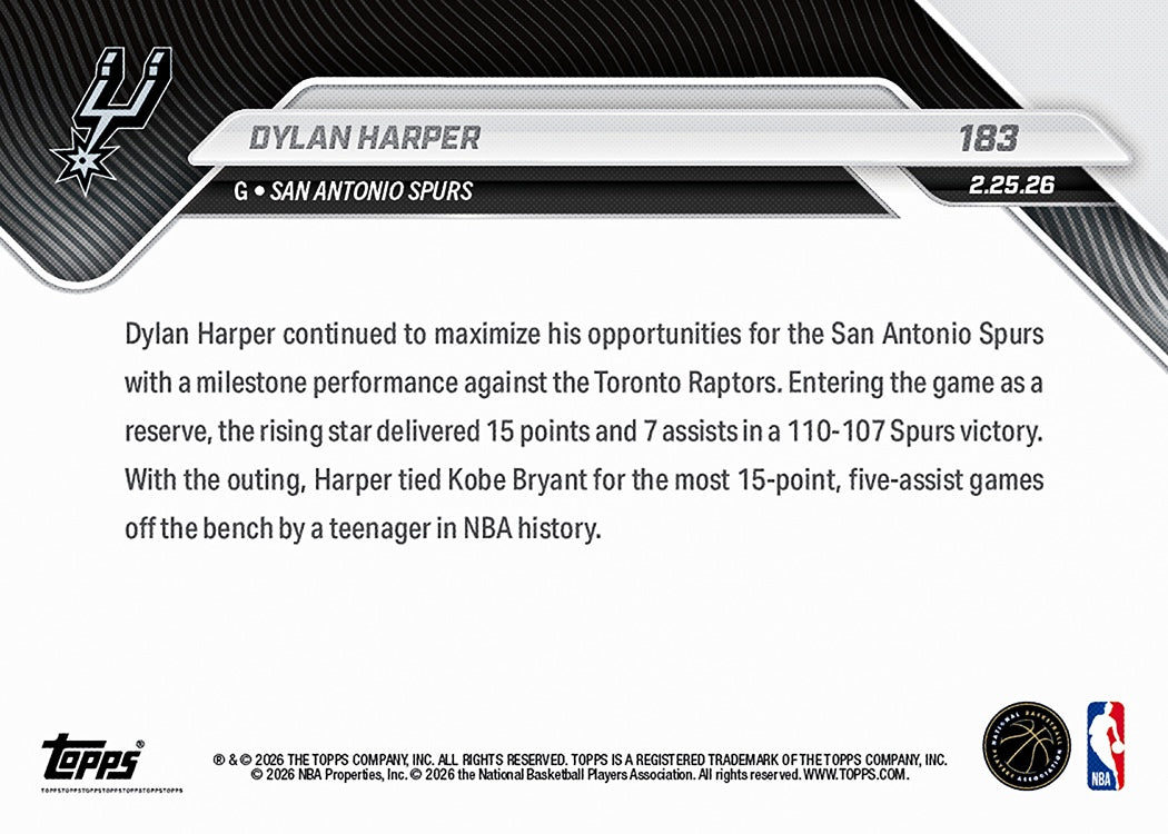 Dylan Harper - 2025-26 NBA Topps NOW - Card 183 - PR: 1780 - Image 2