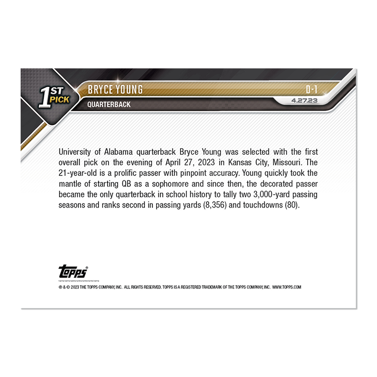 Alternative view of Bryce Young - 2023 TOPPS NOW Football Card D-1 - PR: 4002