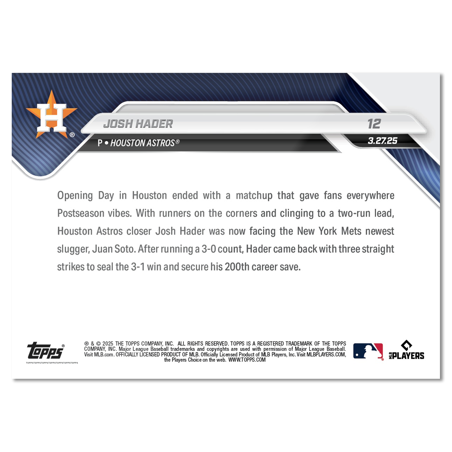 Josh Hader - 2025 MLB Topps NOW - Card 12 - PR: 455 - Image 2