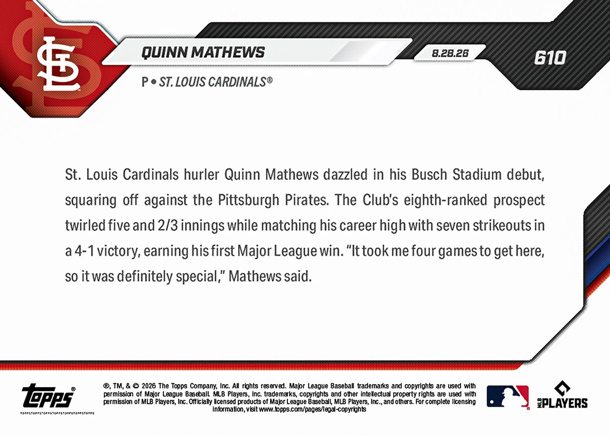 Quinn Mathews - 2026 MLB Topps NOW - Card 610 - PR: 724 - Image 2