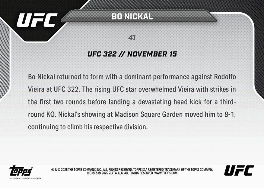 Bo Nickal - 2025 UFC Topps NOW - Card 41 - PR: 907 - Image 4