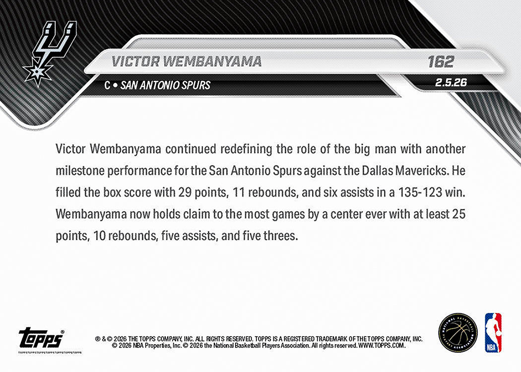Alternative view of Victor Wembanyama - 2025-26 NBA Topps NOW - Card 162 - PR: 3710