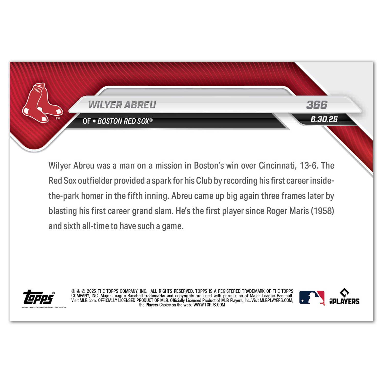 Alternative view of Wilyer Abreu - 2025 MLB Topps NOW - Card 366 - PR: 824