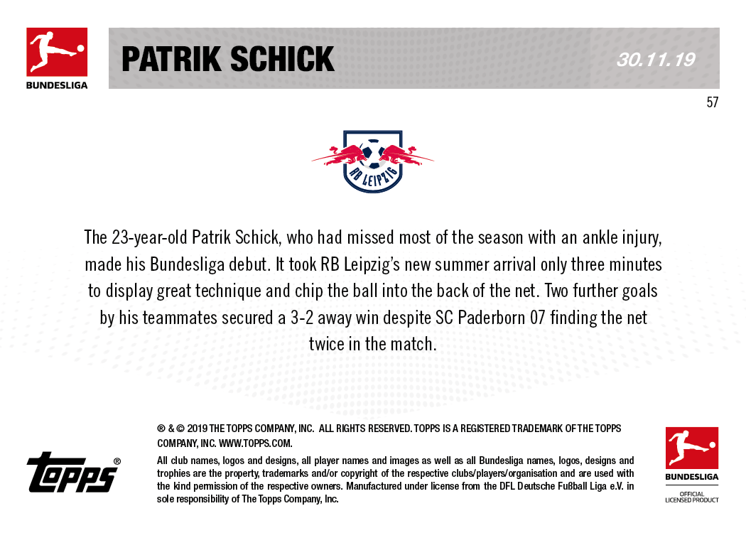 Alternative view of First touch, first goal - Bundesliga TOPPS NOW Card #57 - Print Run: 57