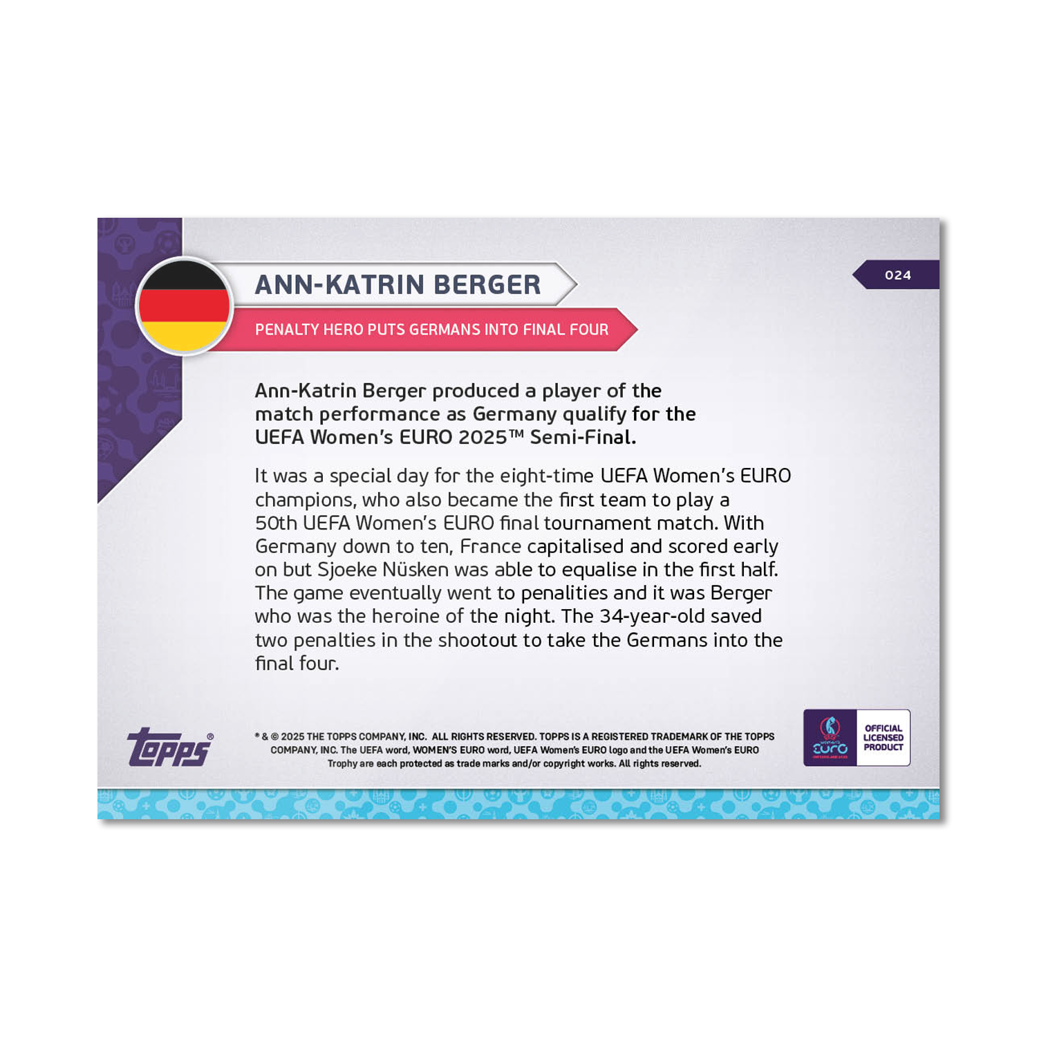 Ann-Katrin Berger - UEFA Women’s EURO 2025™ Topps NOW - Card 24 - PR: 234 - Image 7