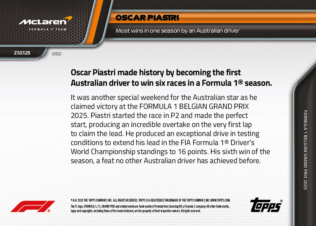 Oscar Piastri - 2025 Formula 1 Topps NOW - Card 52 - PR: 2404 - Image 7