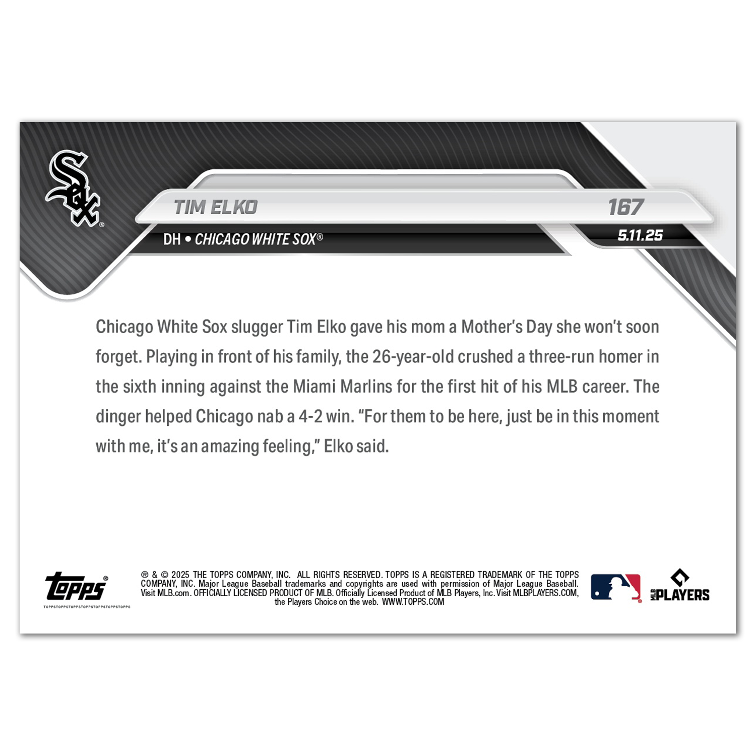 Tim Elko - 2025 MLB Topps NOW - Card 167 - PR: 840 - Image 2