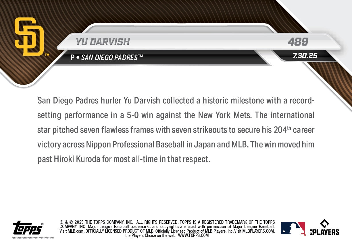 Alternative view of Yu Darvish - 2025 MLB Topps NOW - Card 489 - PR: 1595