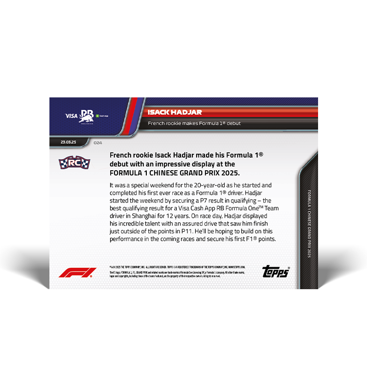 Isack Hadjar - 2025 Formula 1 Topps NOW Card 24 - PR: 853 - Image 2