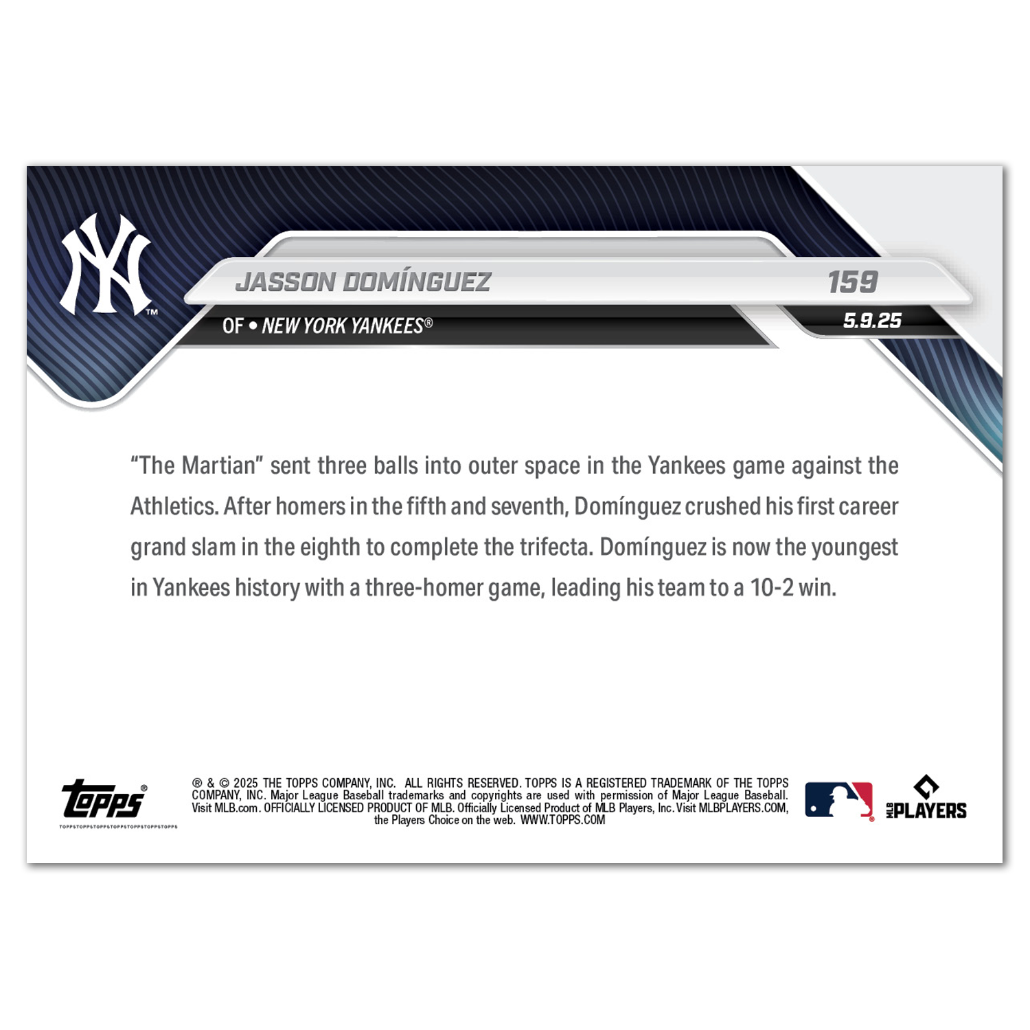 Jasson Domínguez - 2025 MLB Topps NOW - Card 159 - LOOK FOR AUTOS - PR: 7110 - Image 3