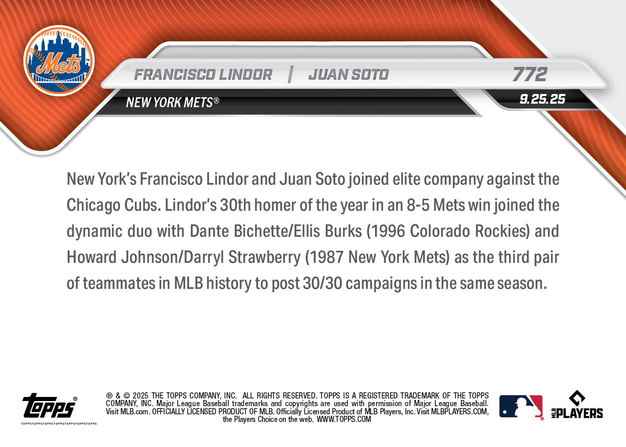 Francisco Lindor / Juan Soto - 2025 MLB Topps NOW - Card 772 - PR: 1382 - Image 2