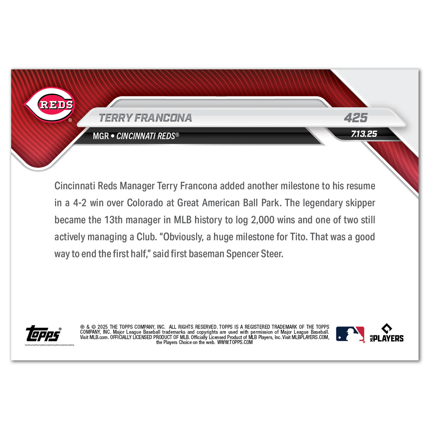 Terry Francona - 2025 MLB Topps NOW - Card 425 - LOOK FOR AUTOS - PR: 946 - Image 3