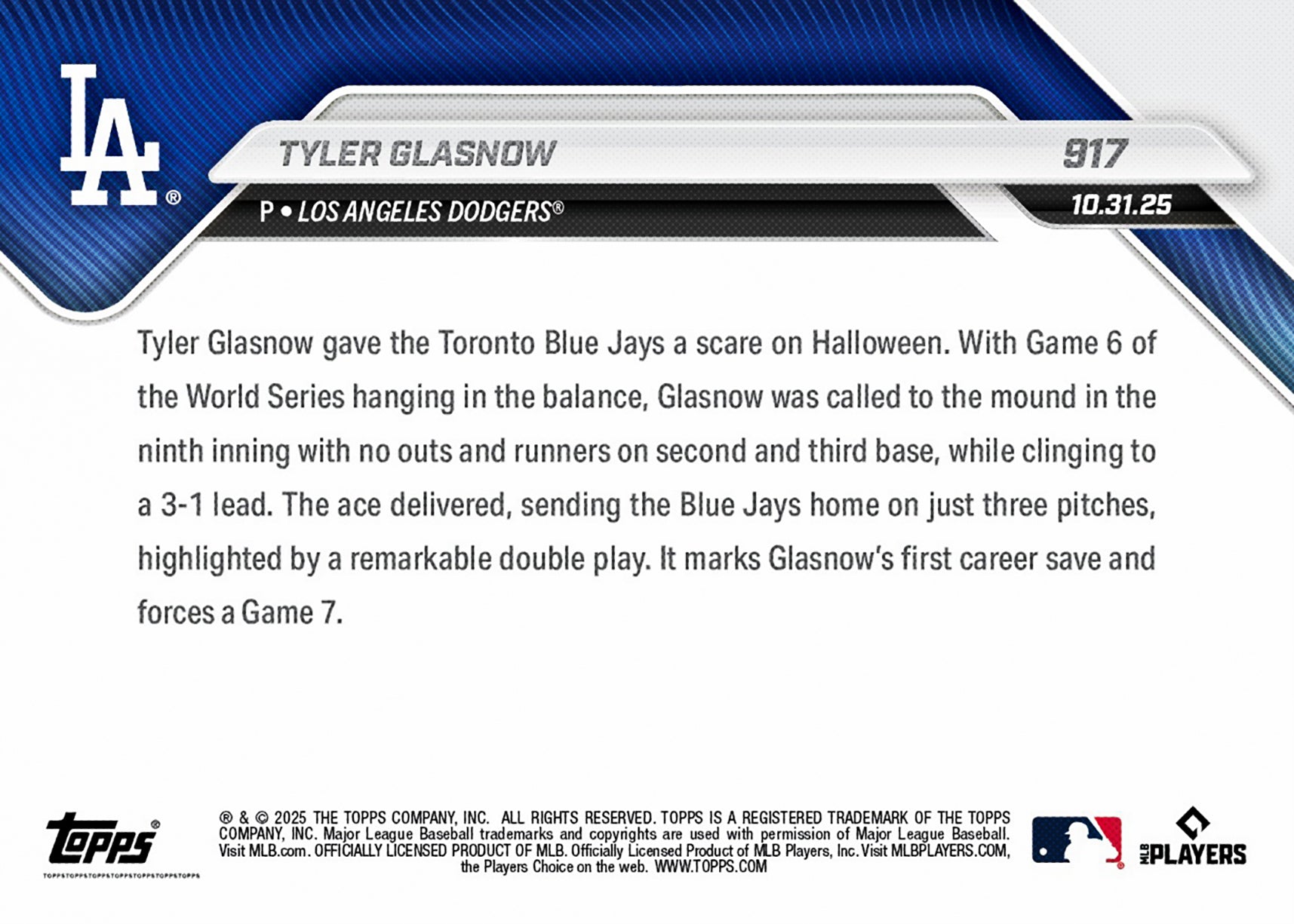 Alternative view of Tyler Glasnow - 2025 MLB Topps NOW - Card 917 - PR: 3021