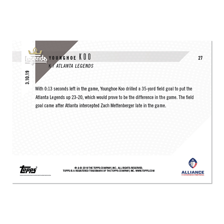 Alternative view of Younghoe Koo - AAF TOPPS NOW Card 27 - Print Run: 242