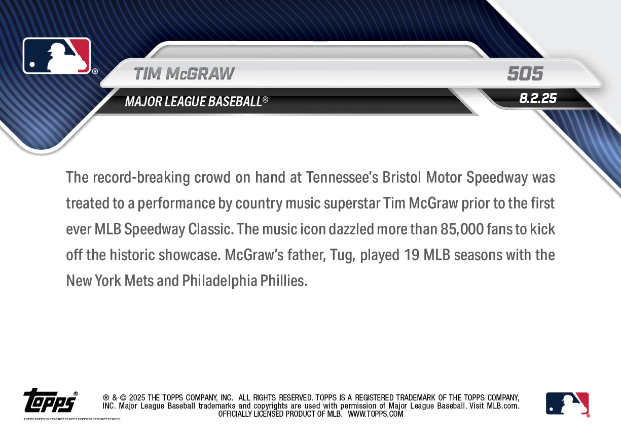 Tim McGraw - 2025 MLB Topps NOW - Card 505 - LOOK FOR AUTOS - PR: 2821 - Image 3