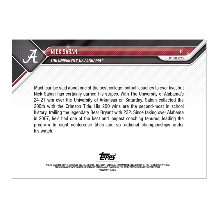 Alternative view of Nick Saban - 2023 Bowman U NOW Football Card 16 - PR: 1543
