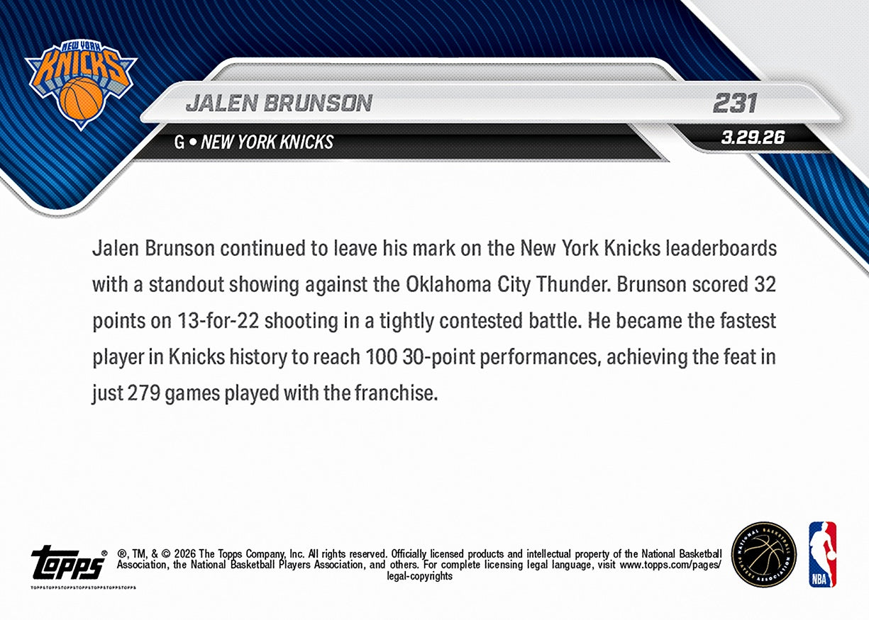 Jalen Brunson - 2025-26 NBA Topps NOW - Card 231 - PR: 728 - Image 2