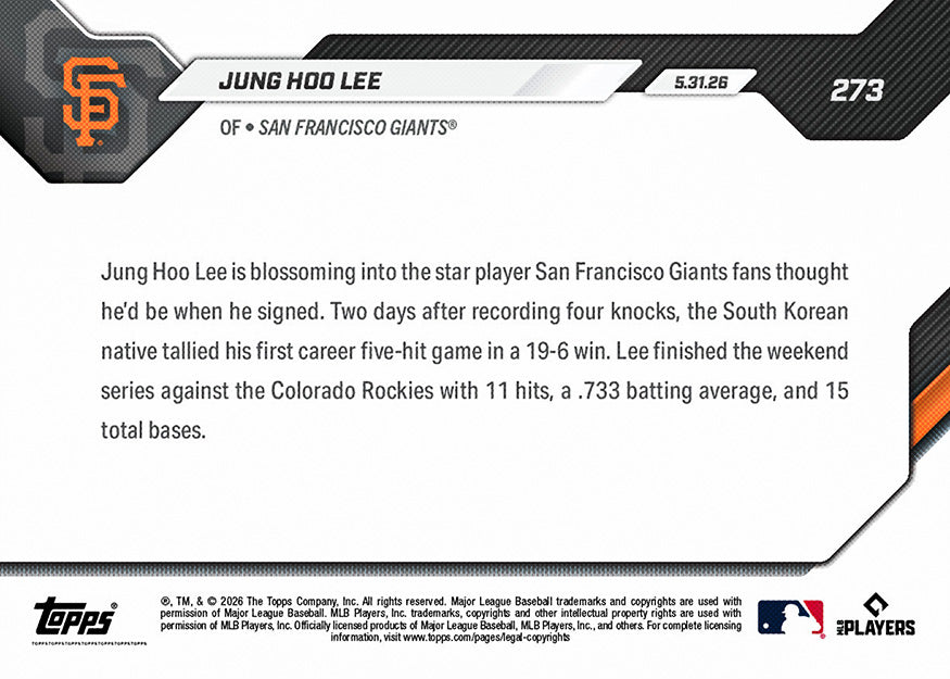 Jung Hoo Lee - 2026 MLB Topps NOW - Card 273 - PR: 1156 - Image 2