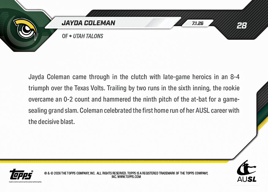 Jayda Coleman - 2026 AUSL Topps NOW - Card 28 - PR: 721 - Image 3