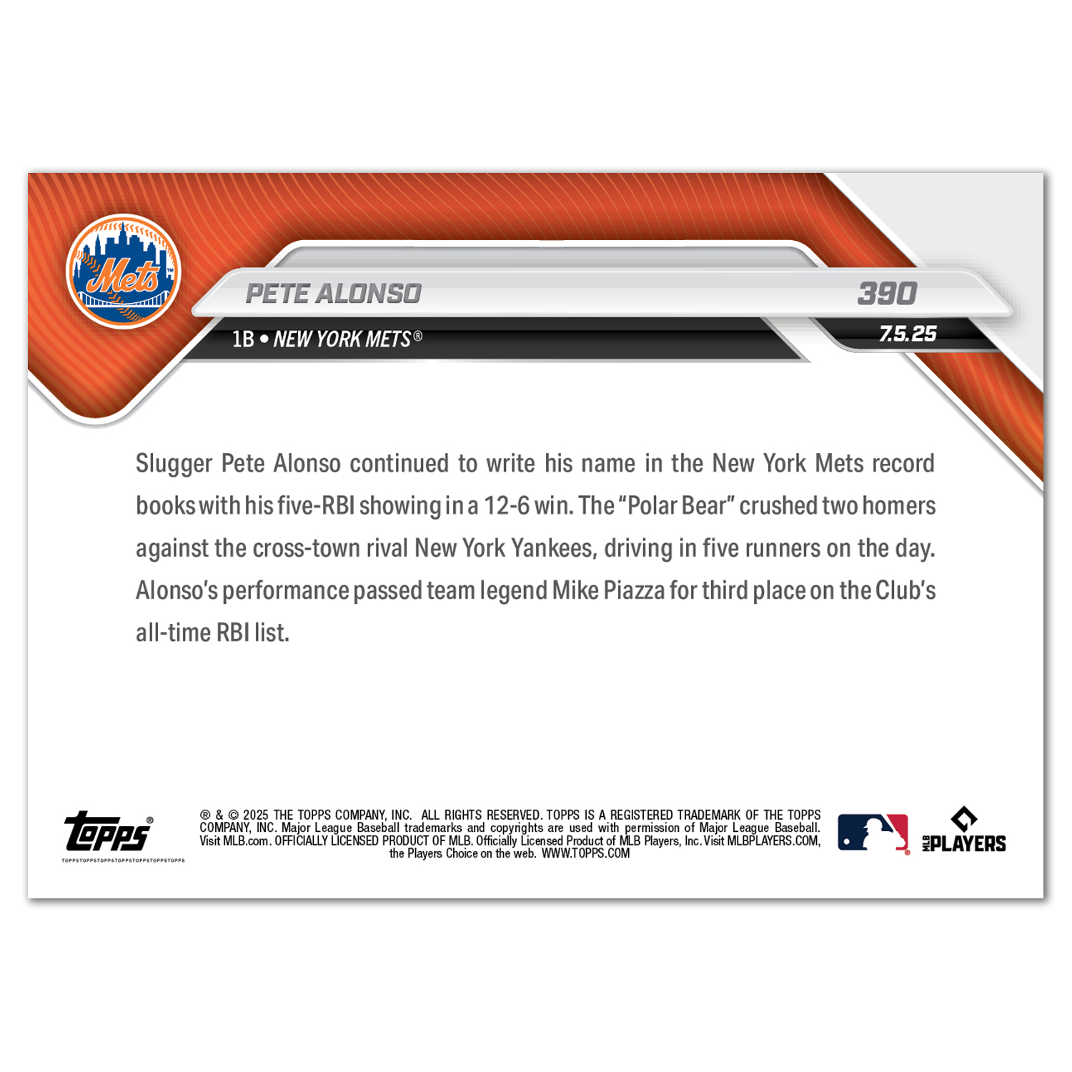 Pete Alonso - 2025 MLB Topps NOW - Card 390 - PR: 891 - Image 2