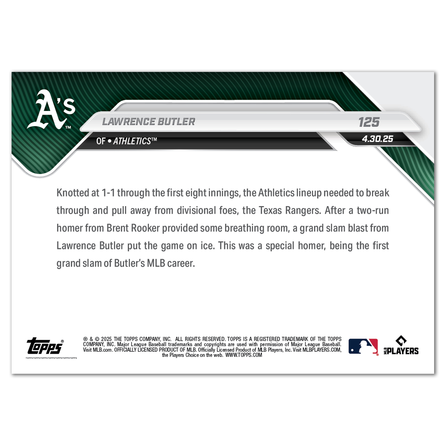 Lawrence Butler - 2025 MLB Topps NOW - Card 125 - PR: 423 - Image 2