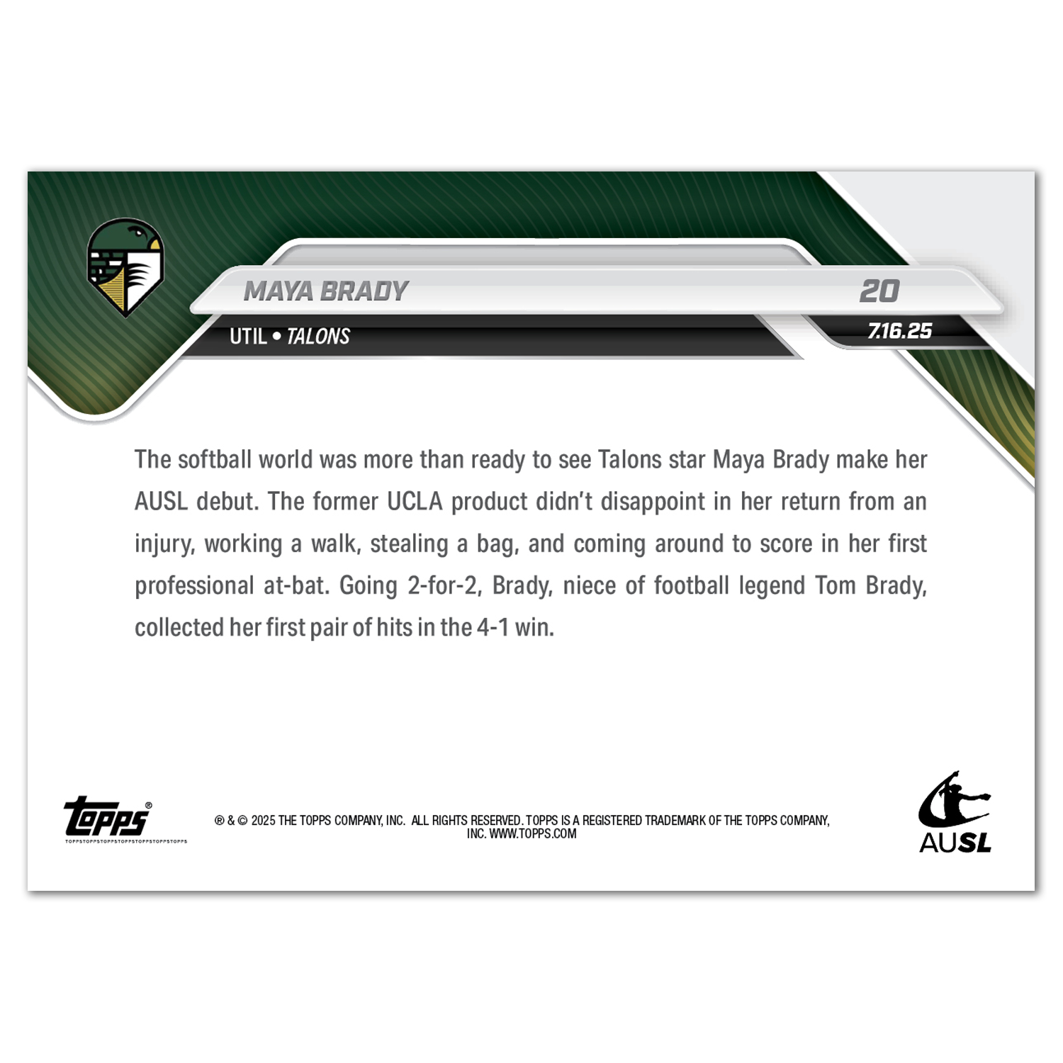 Maya Brady - 2025 AUSL Topps NOW - Card 20 - LOOK FOR AUTOS - PR: 2184 - Image 3