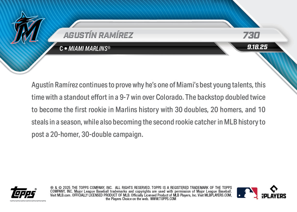 Alternative view of Agustín Ramírez - 2025 MLB Topps NOW - Card 730 - PR: 599