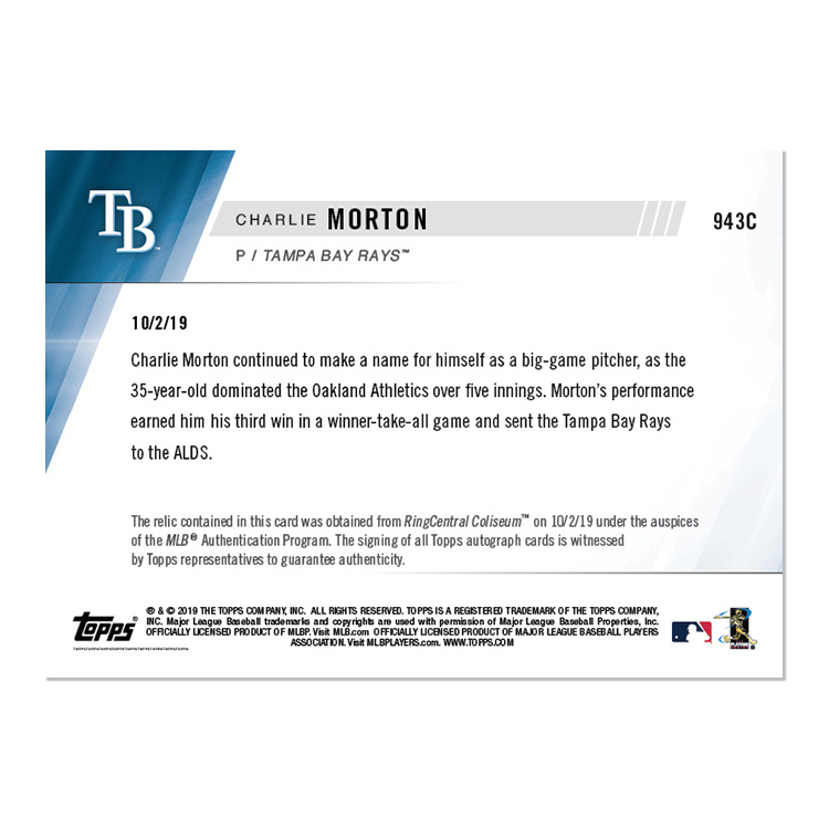 On-Card Auto Relic # to 25 - Charlie Morton - MLB TOPPS NOW Card 943C - Image 2