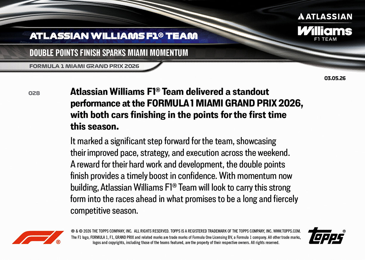 Atlassian Williams F1 Team - 2026 Formula 1 Topps NOW - Card 28 - PR: 1529 - Image 7