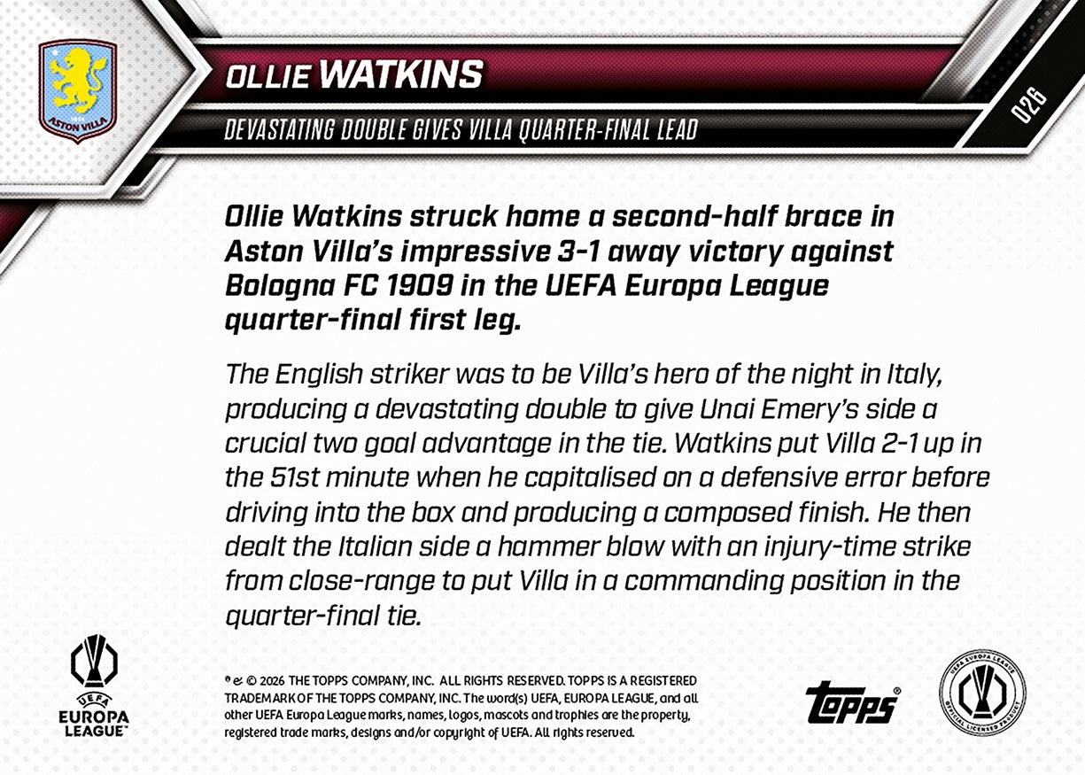 Ollie Watkins - 2025-26 UEL Topps NOW - Card 26 - PR: 187 - Image 7