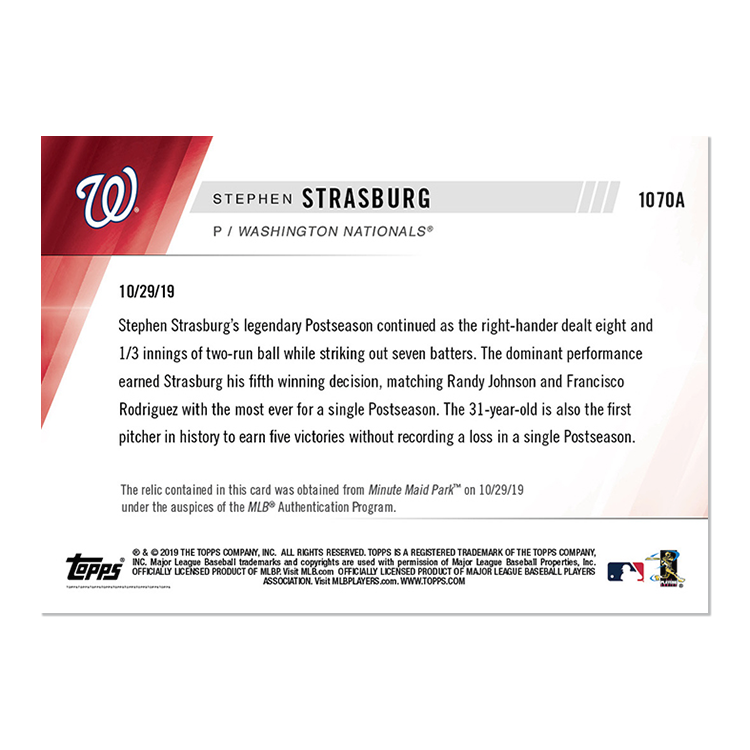 Game-Used Ball Relic # to 10 - Stephen Strasburg - MLB TOPPS NOW Card 1070A - Image 2