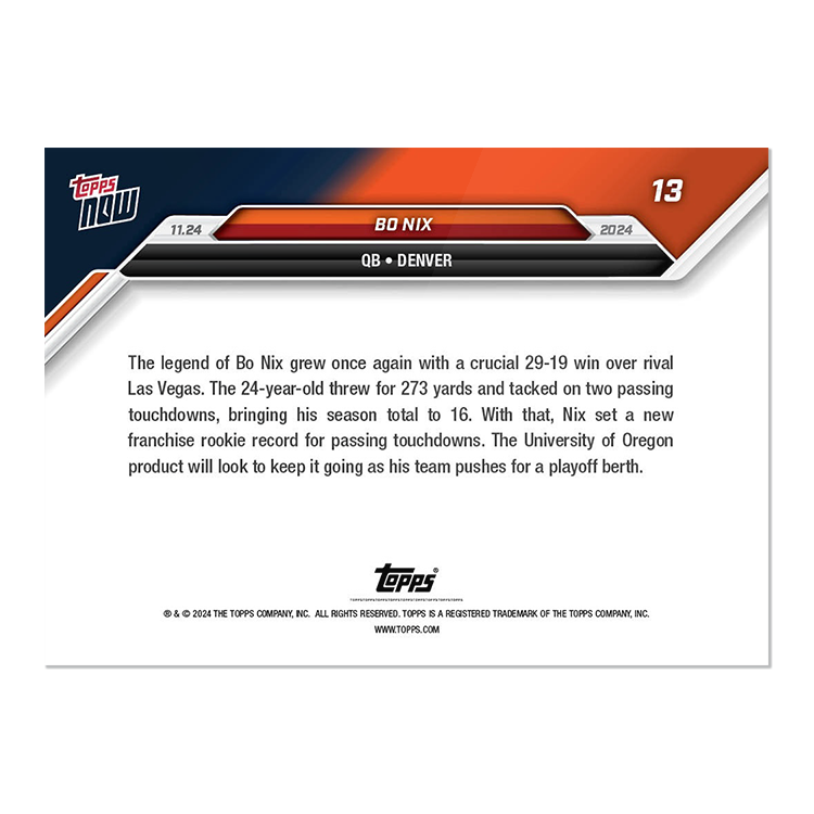 Alternative view of Bo Nix - 2024 Topps NOW Football Card 13 - PR: 2793