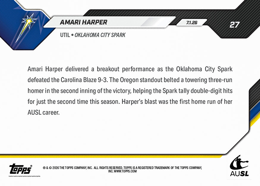 Alternative view of Amari Harper - 2026 AUSL Topps NOW - Card 27 - PR: 515