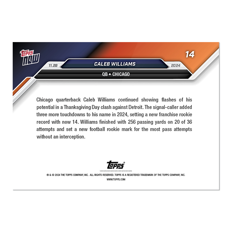 Alternative view of Caleb Williams - 2024 Topps NOW Football Card 14 - PR: 3662