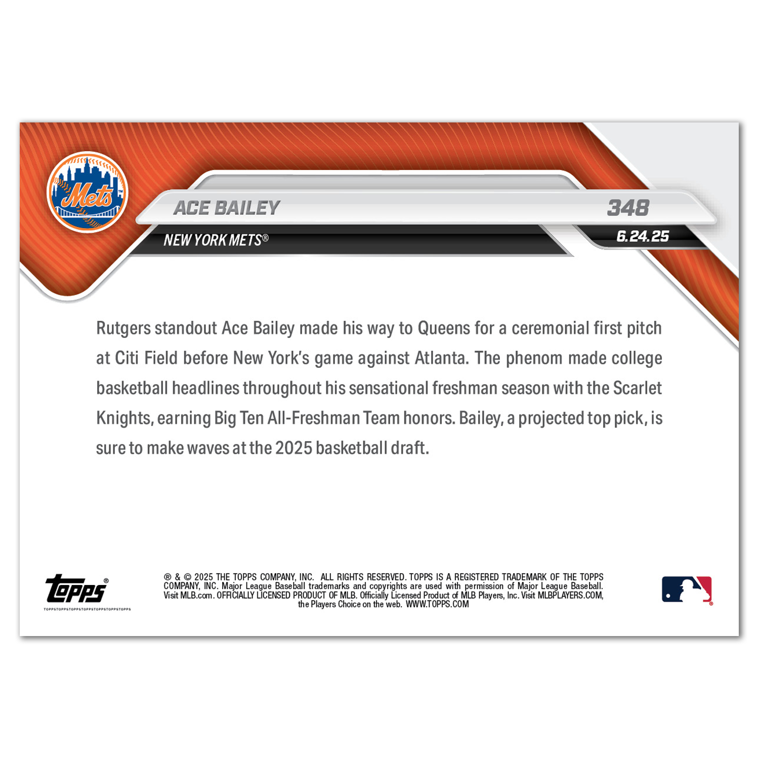 Alternative view of Ace Bailey - 2025 MLB Topps NOW - Card 348 - PR: 1082