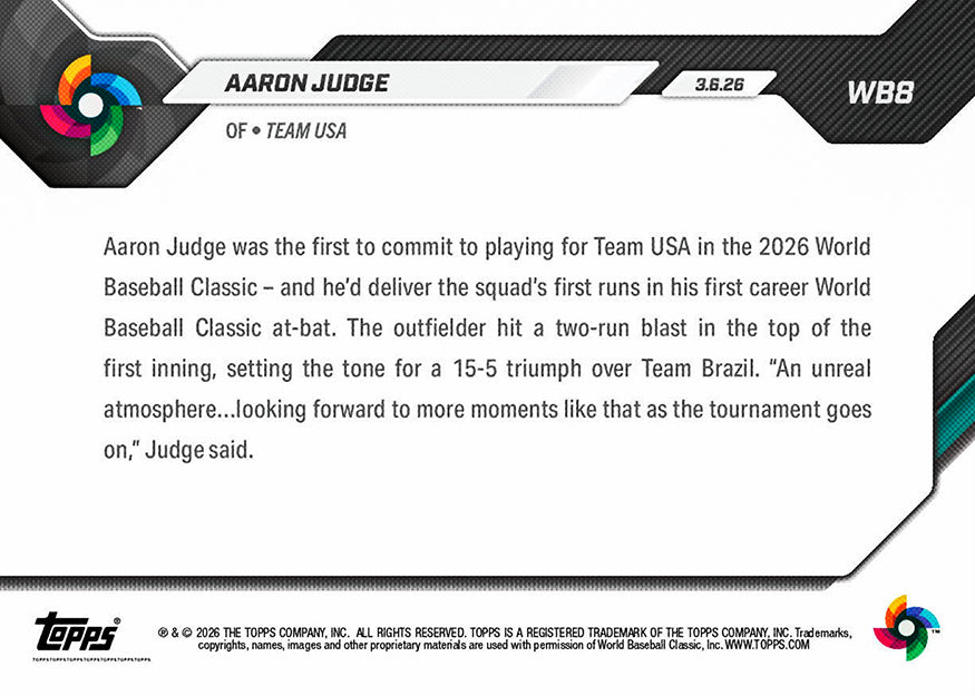 Aaron Judge - 2026 World Baseball Classic Topps NOW - Card 8 - PR: 12,508 - Image 3