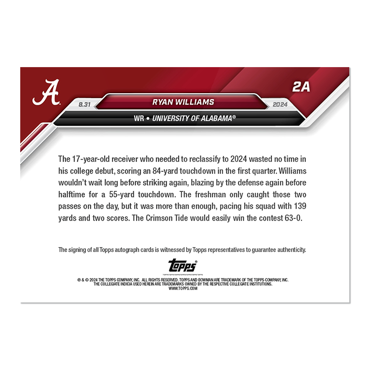 On-Card Autograph # to 49 or Lower - Ryan Williams - 2024 Bowman U Now Card 2 - Image 4