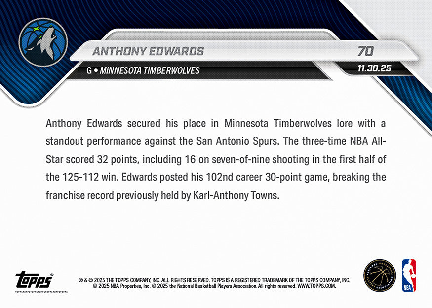 Anthony Edwards - 2025-26 NBA Topps NOW - Card 70 - PR: 1242 - Image 2
