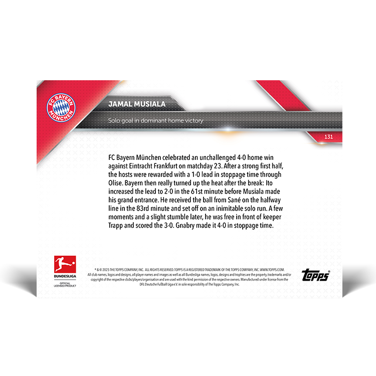 Jamal Musiala - Solo goal in dominant home victory - 24/25 Bundesliga Topps NOW Card 131 - PR: 109 - Image 2