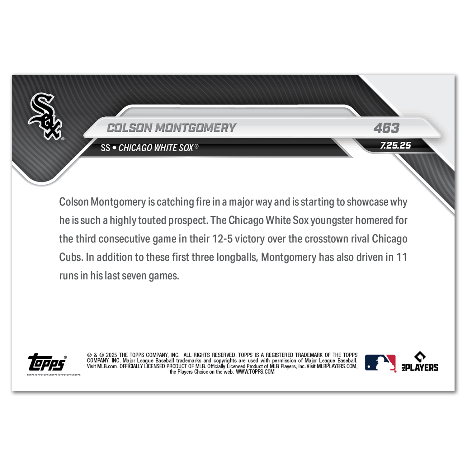 Colson Montgomery - 2025 MLB Topps NOW - Card 463 - PR: 1043 - Image 2