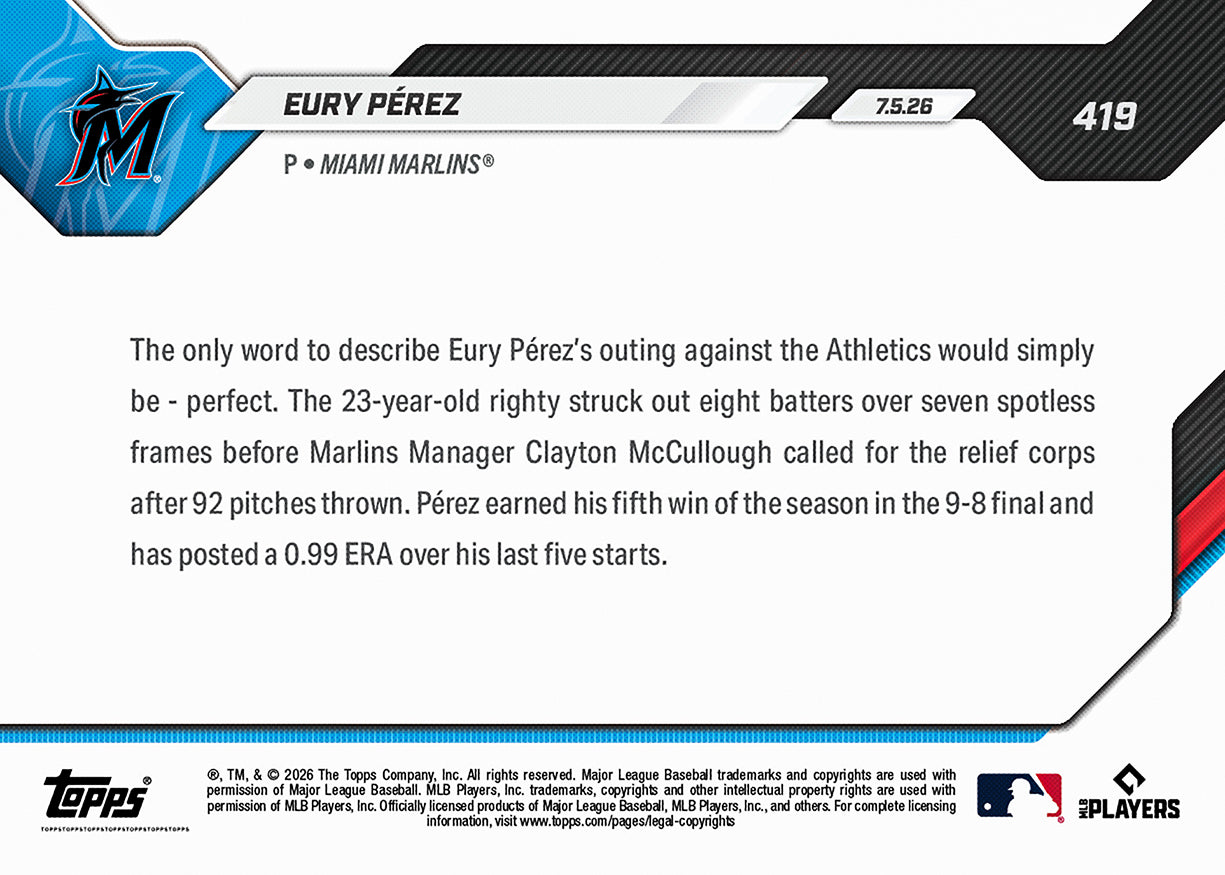 Eury Pérez - 2026 MLB Topps NOW - Card 419 - PR: 378 - Image 2
