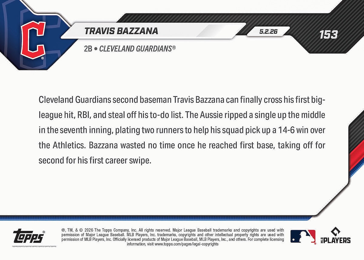 Alternative view of Travis Bazzana - 2026 MLB Topps NOW - Card 153 - PR: 6337