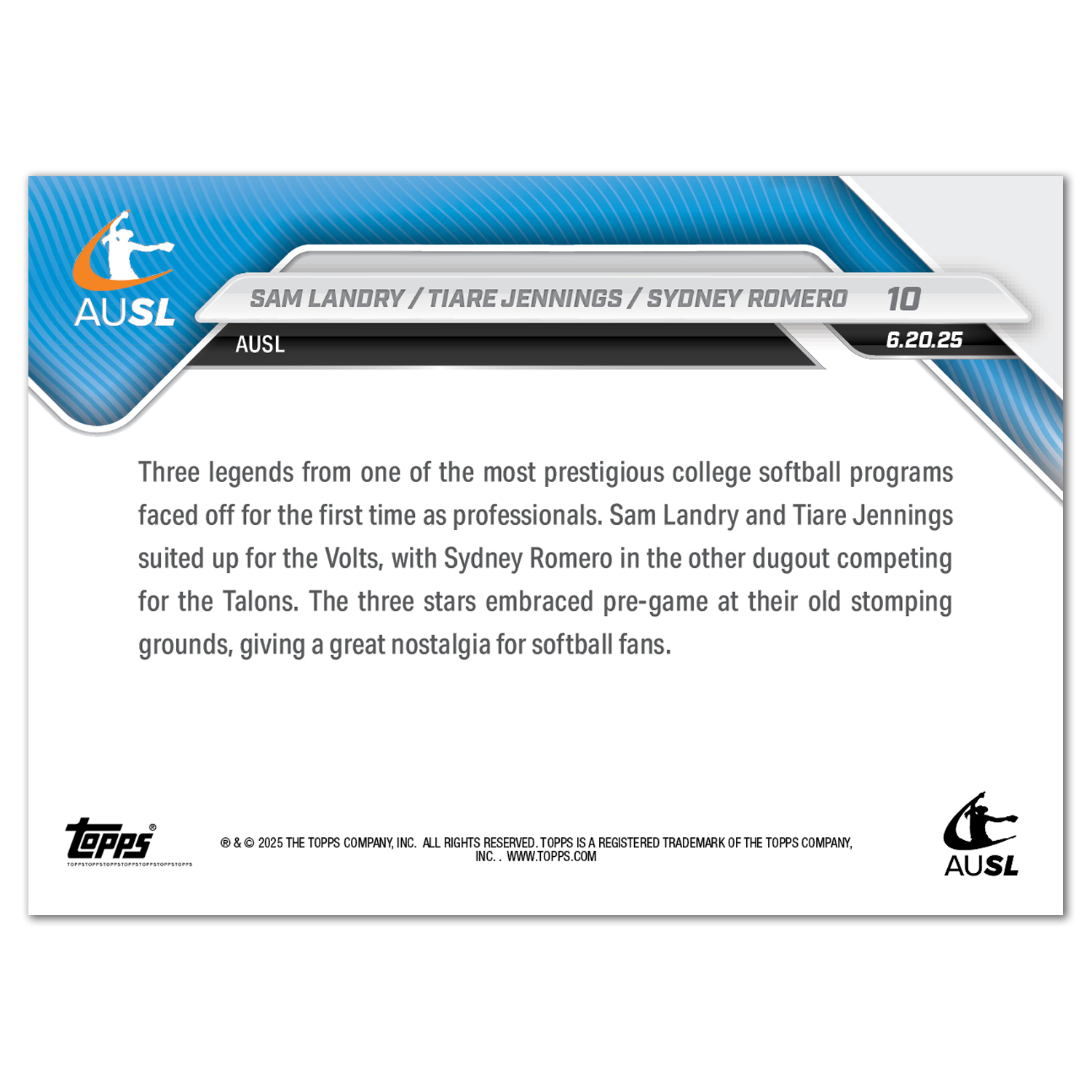Sam Landry / Tiare Jennings / Sydney Romero - 2025 AUSL Topps NOW - Card 10 - LOOK FOR AUTO - PR: 1564 - Image 3