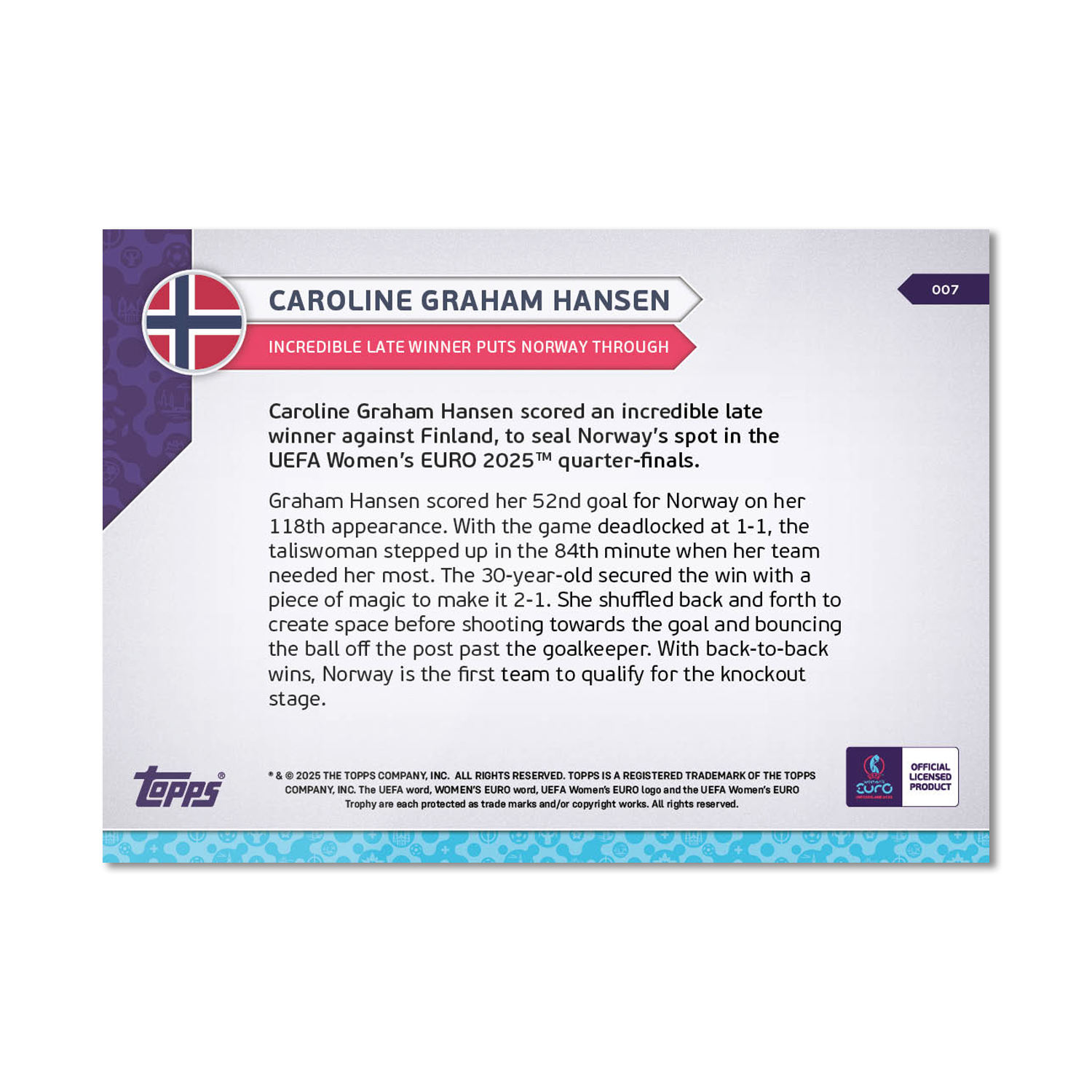 Caroline Graham Hansen - UEFA Women’s EURO 2025™ Topps NOW - Card 7 - PR: 234 - Image 7