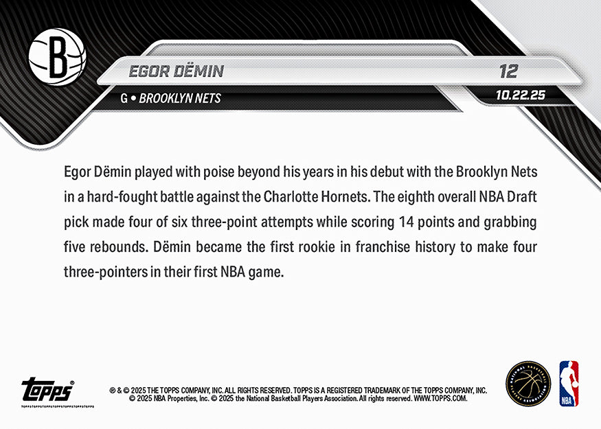 Egor Dëmin - 2025-26 NBA Topps NOW - Card 12 - PR: 819 - Image 2