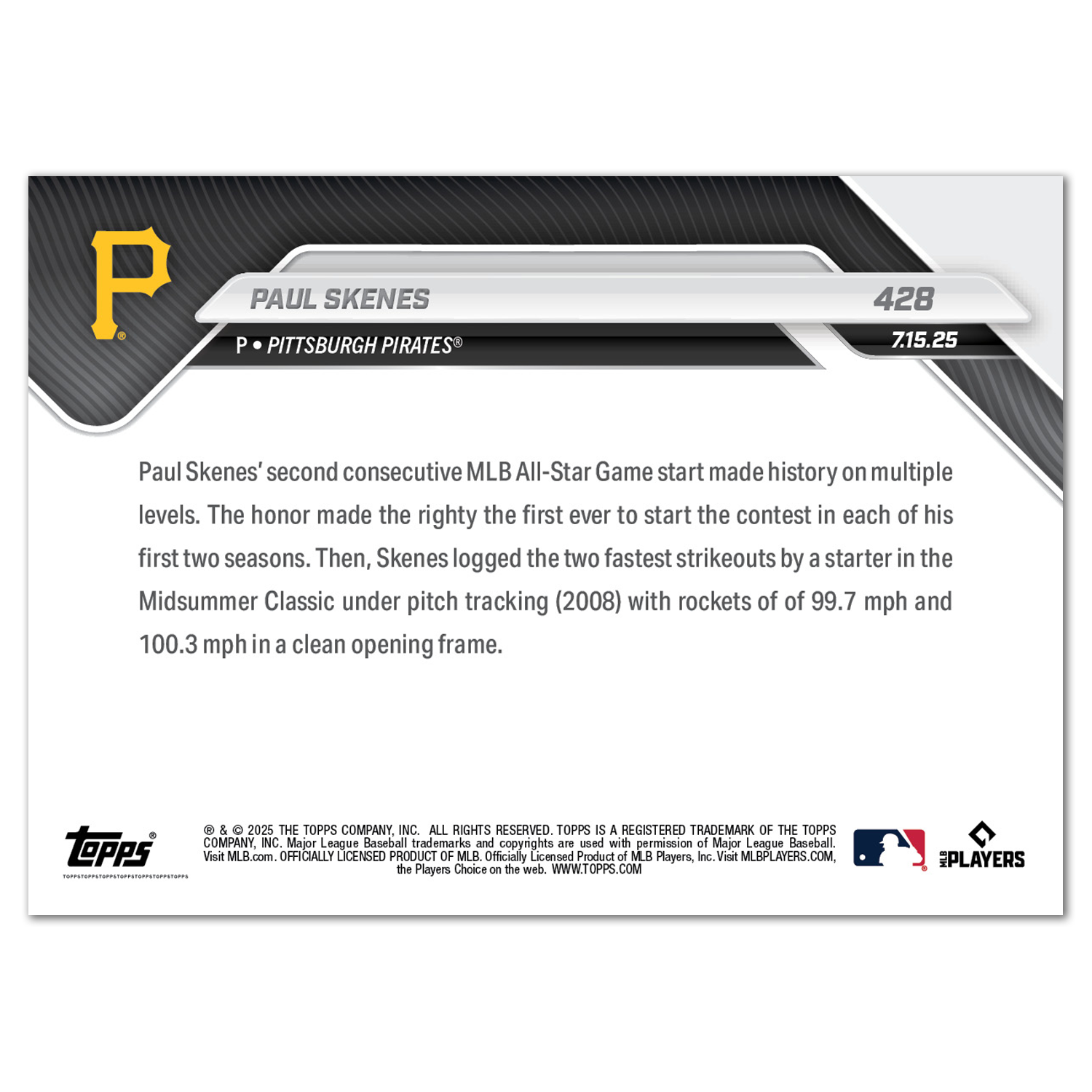 Paul Skenes - 2025 MLB Topps NOW - Card 428 - LOOK FOR AUTO - PR: 6406 - Image 3